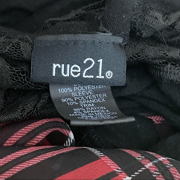 4/$25. RUE21 plaid chiffon semi sheer front lace sleeve solid back top. Medium. - Picture 7 of 9